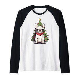 Christmas Tree, ornaments and Cute Frenchie Santa Christmas Raglan Baseball Tee
