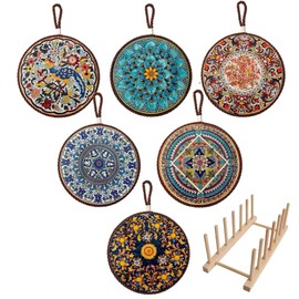 Colorful Ceramic Trivets for Hot Dishes - Set of 6 with Wooden Holder - Hot Plates for Countertop and Kitchen - Decorative Pads for Home