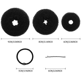 Juego de 9 piezas de donas para hacer moños de espuma con esponja de dona, juego de anillos con 12 bandas elásticas para el pelo y 32 horquillas para 