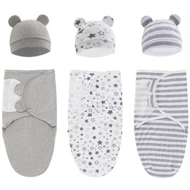 Exemaba Baby Swaddle Sleep Sack with Hat Set for 03 Months 3Pack Soft Cotton Newborn Wearable Swaddle Wrap for Boys(Grey & Star & Stripe)