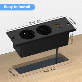 KBIBCK Einbausteckdose mit USB und Type-C, 4-in-1 Tischsteckdose, 2-Fach Einbau Steckdosenleiste, Tischplatte Versenkte mit 2M Kabel, Mehrfachstecker für Steckdose,Mehrfachsteckdose für Büro (Schwarz)