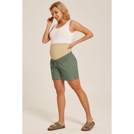 Maacie - Pantalones cortos de algodón para maternidad con cordón y cintura alta y bolsillos, Verde militar, X-Large