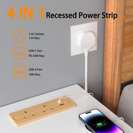 Recessed Power Strip with USB, Recessed Power Outlet with 2 USB, 2M Power Extension Lead with 2 Outlets, Hidden in the Furniture Desk Table