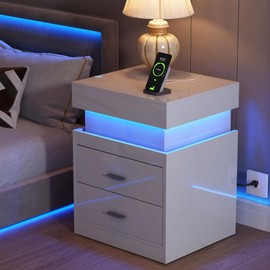ChooChoo LED Nightstand with Charging Station, Smart Night Stand with Sliding Top Storage, 2-Drawers High Gloss Bedside Table, Modern End Table for Bedroom,White