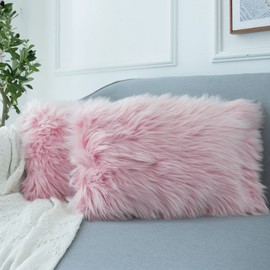 LIGICKY Set of 2 Luxury Series Soft Faux Fur Cushion Cover Decorative Square Plush Pillow Case Throw Pillow Cover for Couch Sofa Bed (Pink, 12 x 20 Inch)