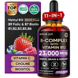 Venture Pal 11-in-1 Vitamin B Complex Liquid Drops, B12 Methylcobalamin | B9 Folic | B1,B2,B3,B5,B6,B7 - Vitamin C, Choline, Inositol, Immune & Energy Metabolism, Brain & Heart Support