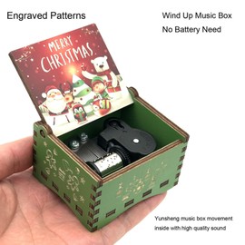 Green Wind Up Music Box -Jingle Bells, Vintage Engraved Wood Mechanism Musical Box for Women Girls Boys Kids Christmas New Year Gifts