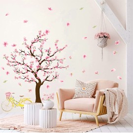 Cherry Tree Wall Stickers Pink Cherry Blossom Flower Wall Decals Cherry Tree Floral Wall Decals Peel and Stick Cherry Flower Wall Stickers for Girls Bedroom Nursery Decor