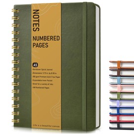 Lined Spiral Journal Notebook, A5 Hardcover Spiral Journals for Women Men, 150 Numbered Pages Spiral Bound Notebook, 100 GSM College Ruled Notebooks for Work, Note Taking 5.75" x 8.38", Olive Green
