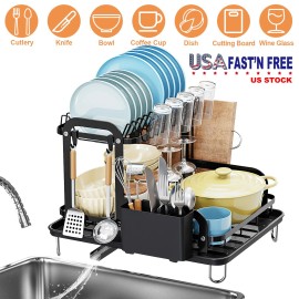 NewHome 2-Tier Dish Drying Rack with Drainboard Kitchen Counter Drainer Cutlery Holder