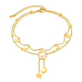 Estrellique Gold Anklet for Women Girls Adjustable 22 + 5 / 21 + 4 cm Chain Anklet, Double Chain Small Pendant Anklet with Mother of Pearl / Zirconia, Waterproof Barefoot Summer Beach Ankle, Stainless