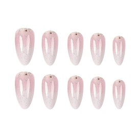 RUOKEXIN Almond Press on Nails Medium Fake Nails Pink White Ombre False Nails with Designs Glitter Full Cover Glue on Nails Sparkly Artificial Nails Cute Stick on Nails for Women 24Pcs