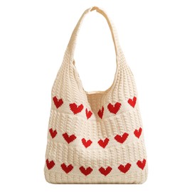 HDGSAFD 1 piece heart-shaped pattern knitted bag, women's bag, cute shoulder bag, women's woven bag, shoulder bag, knitted handbag, apricot
