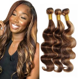 QEUOPE P427 Highlight Body Wave Bundles Human Hair Ombre Two Tone Blonde Mixed With Brown Bundles Silky and Soft Double Weft Brazilian Hair Extensions 8 10 12 inch