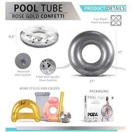 POZA Inflatable Pool Float Tube- Confetti Premium UV Resistant Swim Ring Pool Float, Kids and Adult Pool Toys, Heavy Duty Inflatable Pool Floats for Swimming Pool Party, Beach, River - 36 Inch, Silver
