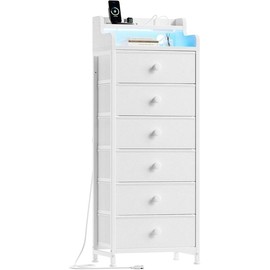 Dresser for Bedroom with Charging Station and LED Lights, 5 Drawers Dresser Black Chest of Drawers with Shelves, Tall Night Stand with Sturdy Steel Frame & Wood Top for Bedroom - Color: Modern White, Size: 11.8"D x 15.8"W x 40.2"H (5 Drawers)