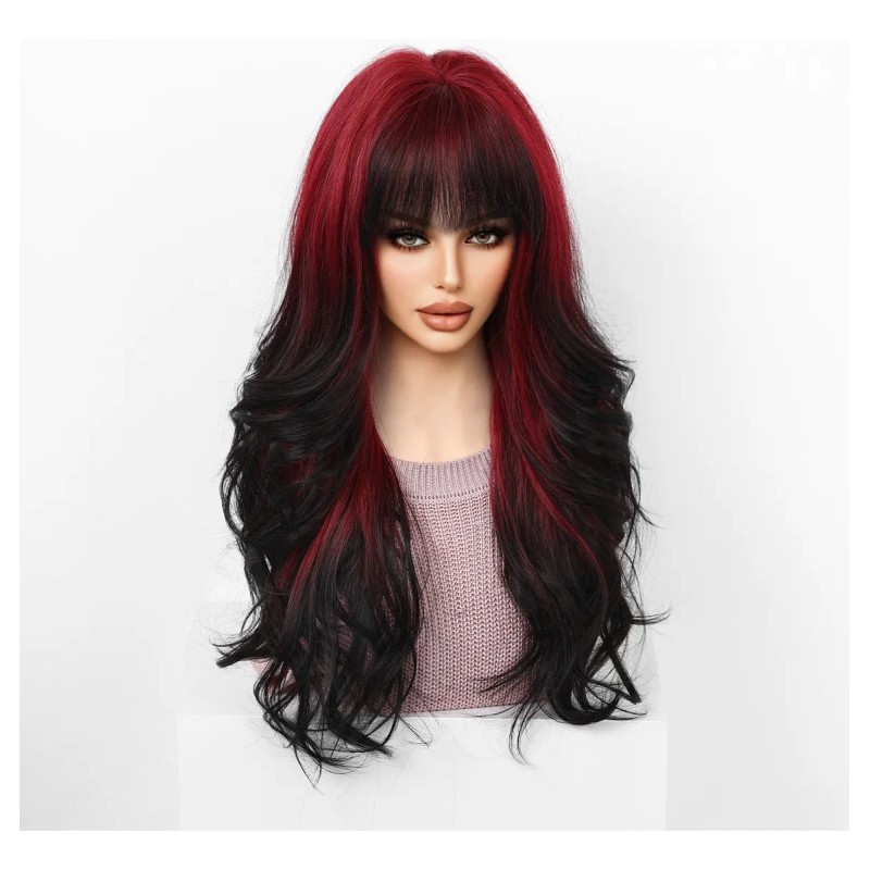 Rojo Vino Pelucas Mujer Dama Larga Ondulada Cabello Natural