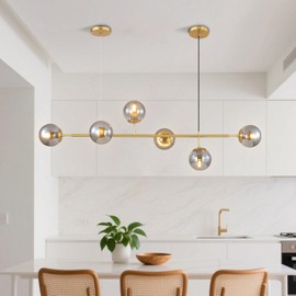 WYIXHOOG Mid-Century Modern Chandelier 6-Light Linear Pendant Light with Globe Glass Shades, Adjustable Height for Dining Room, Kitchen Island, Living Room