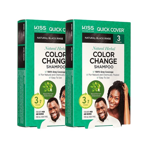 Kiss Quick Cover Natural Herbal Color Change Shampoo 3 Pouches (2 PACK, Natural Black)