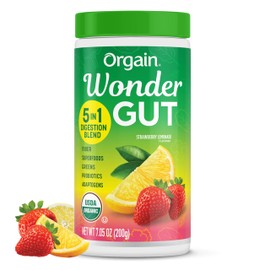 Orgain Organic Wonder Gut Fiber Supplement Powder, 5 in 1 Blend with 1 Billion Probiotics, Greens, Vitamin C, Adaptogens for Gut Health and Immune Support, Non-GMO, Strawberry Lemonade, 7.05 oz