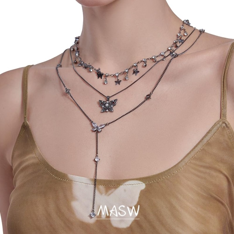 Exquisite hollow butterfly pendant necklace personality multi-layered necklace retro fashionable