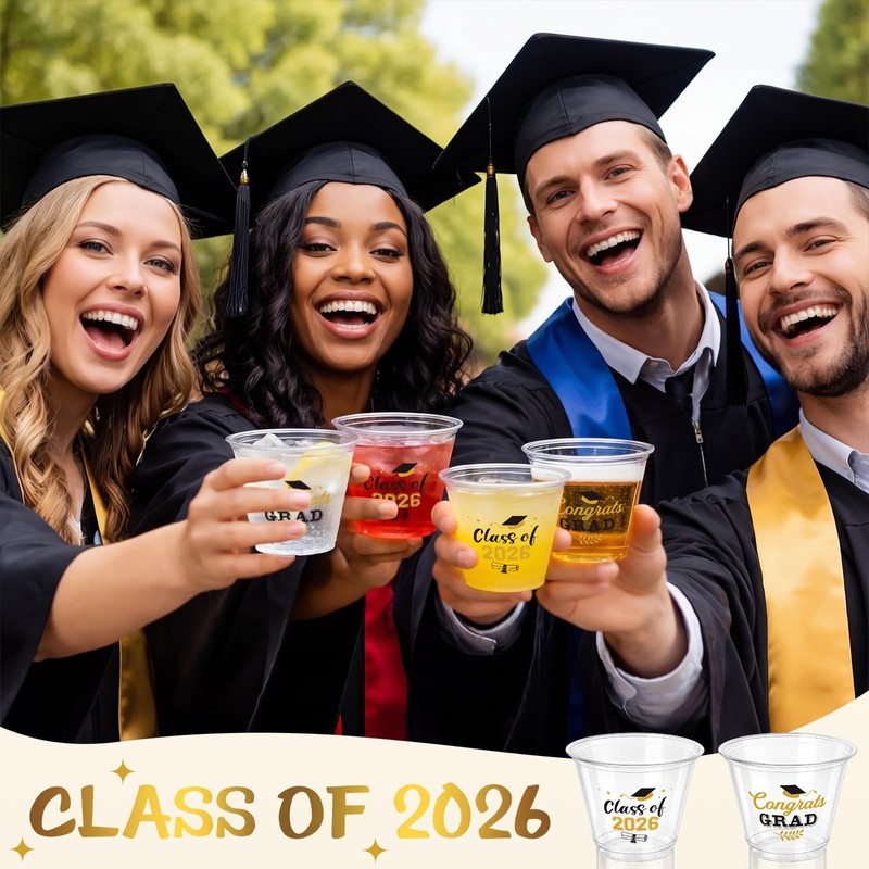 100 Pcs Graduation Cups 9oz Black Gold Class of 2026