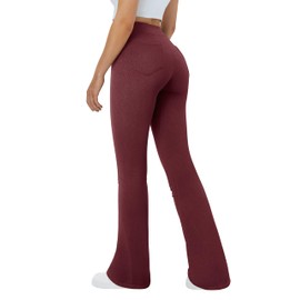 OQQ Flared Pants for Women Trendy Acid Wash High Waist Casual Soft Cropped Stretchy Baggy with Patch Pockets Maroon