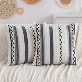 CATOLAT Boho Black Striped Pillow Covers Set of 2-20x20 Inch Farmhouse Coastal Decorative Throw Pillows, Neutral Accent Textured Square Pillowcase for Couch Living Room, Bed, Chair Home Decor