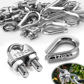 Mbsomnus Set of 24 Rope Clamps 3 mm Set of 12 Wire Rope Clips M3 and 12 Pieces Wire Rope Thimbles 3 mm Stainless Steel A4 DIN741 Bow Rope Clamp Steel Cable Connector for Clamp Steel Wire Washing Line
