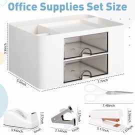 AmazingSpark 11 Pcs White Office Supplies Set Multi-functional Pen Organizer and Accessories with Tape Holder, Stapler, Staple Remover, Staples, Tape, Clips Set, Ruler, Scissor, Pen, Sticky Notes