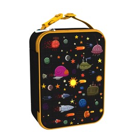 Ion8 Spaceships Design Lunch Bag, Easy Access 3-Sided Zip, Write-On Name Patch, Freshness & Insulation for 6 Hours, Elasticated Mesh Pocket for Bottles, Machine Washable, Polyester Material, Black