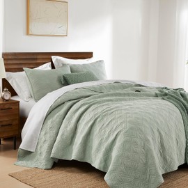 WDCOZY Sage Green 100% Cotton Quilt Bedding Sets King Size with 2 Pillow Shams, Shabby Chic Rustic Textured Gauze Lightweight Country Soft Bedspread Coverlet for All Season, 3 Pieces, 106x96 inches