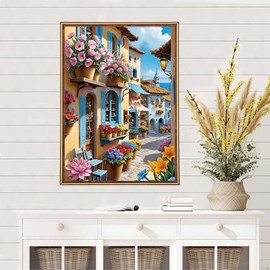 MEIYUDA Diamond Art Kits for Adults, 5D Flowers and Houses Diamond Painting Kits for Adults, DIY Seaside Street Houses Diamond Art Crystal Picture Round Full Drill Gem Art for Home Wall Decor 12x16inch