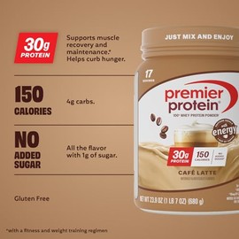 Premier Protein Powder, Café Latte, 30g Protein, 95mg Caffeine for Energy, No Added Sugar, 100% Whey Protein, Keto Friendly, Soy & Gluten Free, 23.9 o