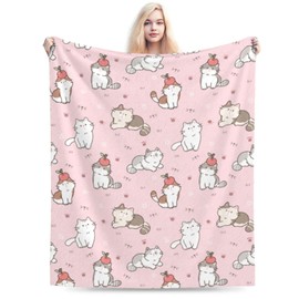 Pink Cartoon Cute Cat Kitten Blanket Soft Comfy Flannel Throw Blankets Lightweight Warm Bed Throws Plush for Couch Sofa Camping Office Travel Home Bedroom Decor Girls Boys Kids Gifts 50"X40"