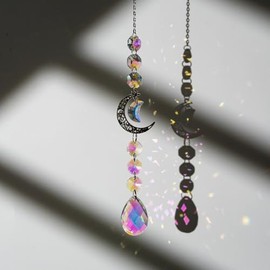 TENGFENG Sparkling Crystal Star Moon Window Entrance Decor Amulet Pendant Popular Quartz Glass Sun Catcher Kit for Love, Feng Shui Enhancement Hanging Window/Entrance/Car Decor (Silver Moon-A)