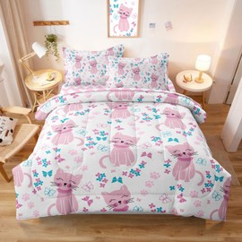 SIRDO Kids Cat Bedding Twin Size Bed in a Bag, Cute Pink Animal Comforter Set for Teen Girls Bedroom Decor, Kawaii Floral Butterfly Bedding Sets & Collections