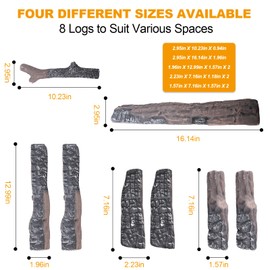 Small Ceramic Logs for Gas Fireplace, 8 Pcs Realistic Ceramic Logs for Gas Fireplace, Heat Resistant Lightweight Fake Logs for Indoor/Outdoor Fire Pits, Ventless Faux Fire Place Wood Fireplace Decor