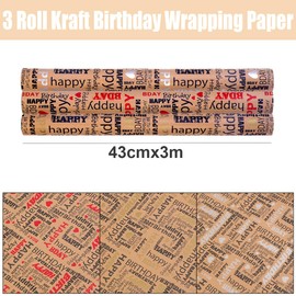 MUYEE Happy Birthday Wrapping Paper Roll,3 Roll in 3 Color 17 inch x 120 inch Per roll,Kraft Paper for Gift Wrapping,Ideal for Kids Adults