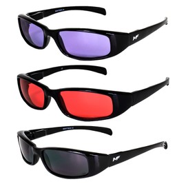3 Pairs of MF Eyewear Bad Attitude Motorcycle Glasses Shatterproof Polycarbonate Black Frame UV400 Filter, Scratch-Resistant Motorcycle Riding Glasses Purple, Red & Super Dark Lenses