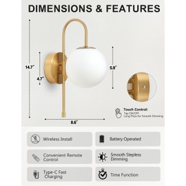 MSTETO Battery Operated Gooseneck Wall Sconces Set of 2, Glass Globe Wireless Lights with Remote & Touch, Rechargeable Brushed Gold Sconce, 3 Color Dimmable Ambient Lighting for Bedroom Living Room
