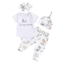 XIXIMAON Baby Girls Boys Coming Home Outfits Lettered Short Sleeve Romper Top Animal Print Long Pants Hat Headband Set Newborn Clothes (White, 3-6 Months)