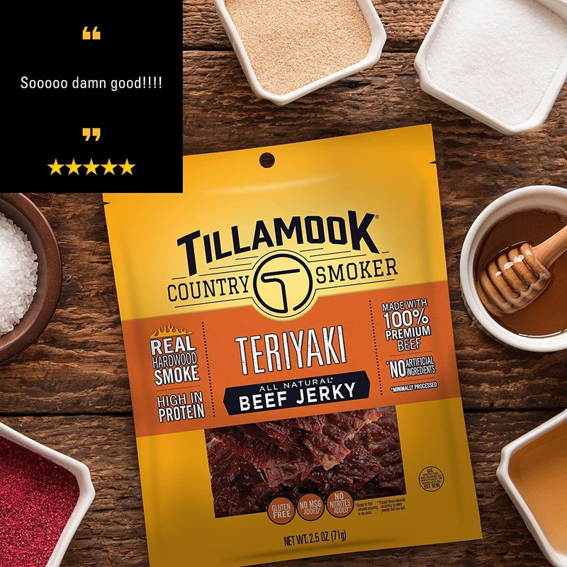 Tillamook Country Smoker Real Hardwood Smoked Beef Jerky, Teriyaki, 2.5