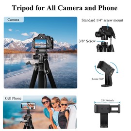 Victiv VICTIV 74 Camera Tripod, Tripod for Camera and Phone, Aluminum Heavy Duty Tripod Stand for Canon Nikon with Carry Bag and Phone Holder, Compatible with DSLR, iPhone, Spotting Scopes, Max Load 15 Lb