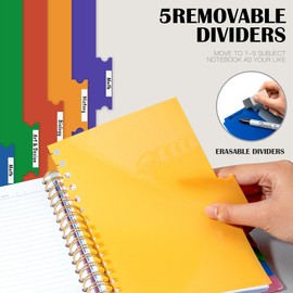 CAGIE 2 Pack 5 Subject Notebook College Ruled 8.5 x 11 Notebooks for Work School Note Taking with Removable Dividers & Pocket Hardcover Spiral Lined Journal Notebook, School Supplies, Pink