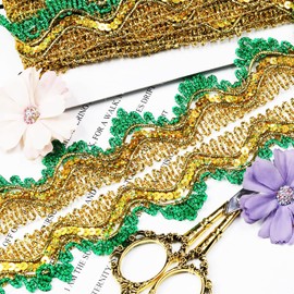 Length15 Yards，Width4cm/1.97Inch, Gold Green Sequin lace Trim Trim Craft Ribbon Decorated Gimp Trim for Wedding Bridal, Performance Costumes or Jewelry, Crafts and Sewing （Gold & Green）
