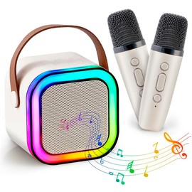 Portable Bluetooth karaoke speaker with 2 wirelessmicrophones and LED lights, suitable for family birthdayparties, outdoor sports - Color: Pink