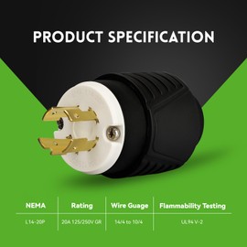 PLUGTUL NEMA L14-20P Locking Plug, Generator Twist Lock Male Plug, 20 Amp, 125/250 Volt, Industrial Grade, UL Listed