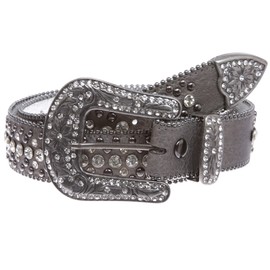 Snap On Rhinestone and Gun Metal Color Circle Studded Leather Belt, Pewter | 34"