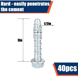 Tandefio 40 Pack 1/2" x 3" Large Diameter Concrete Screw Galvanized Heavy Duty Plated Concrete Anchors for Masonry Brick Anchoring Block Decking Framing Hex Drive